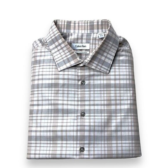 Calvin Klein Shirt Mens 17.5 34/35 Beige Plaid Long Sleeve Button Down - Picture 1 of 8